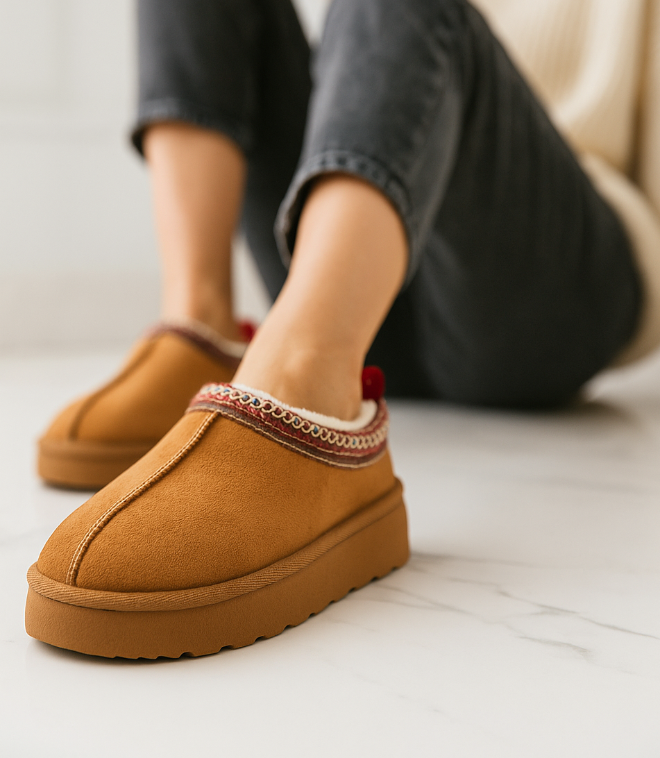 Warme Gevoerde Damesmuiltjes – Zachte Camel Pantoffels met Gebreide Details en Fleecevoering