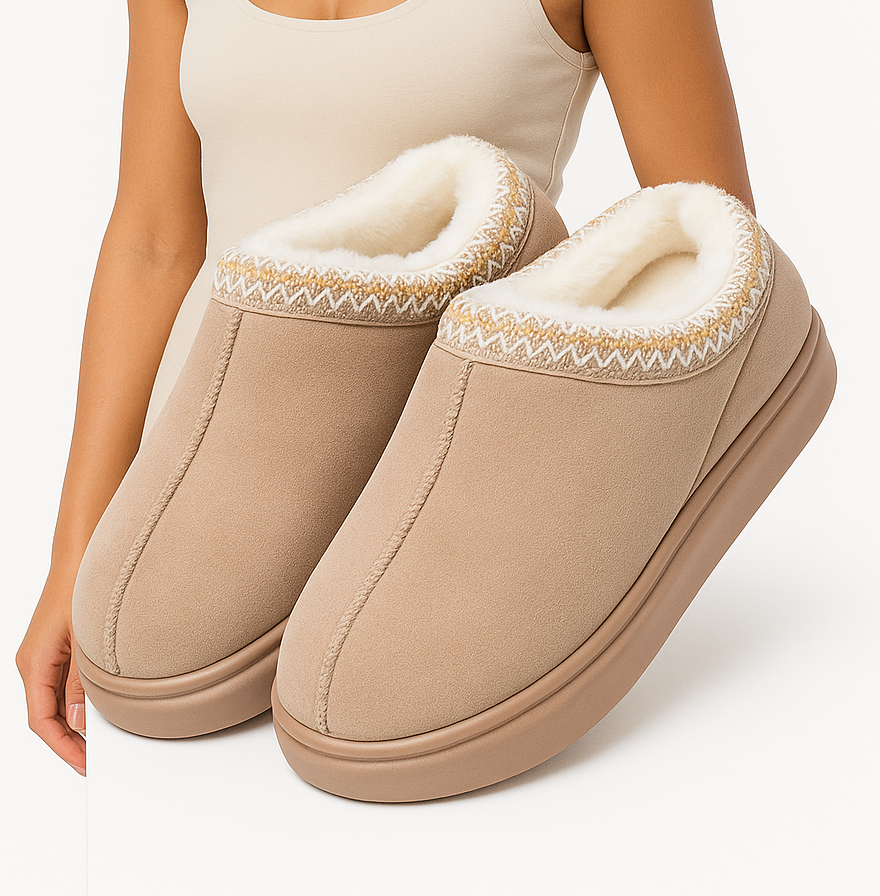 Warme Gevoerde Damesmuiltjes – Zachte Camel Pantoffels met Gebreide Details en Fleecevoering