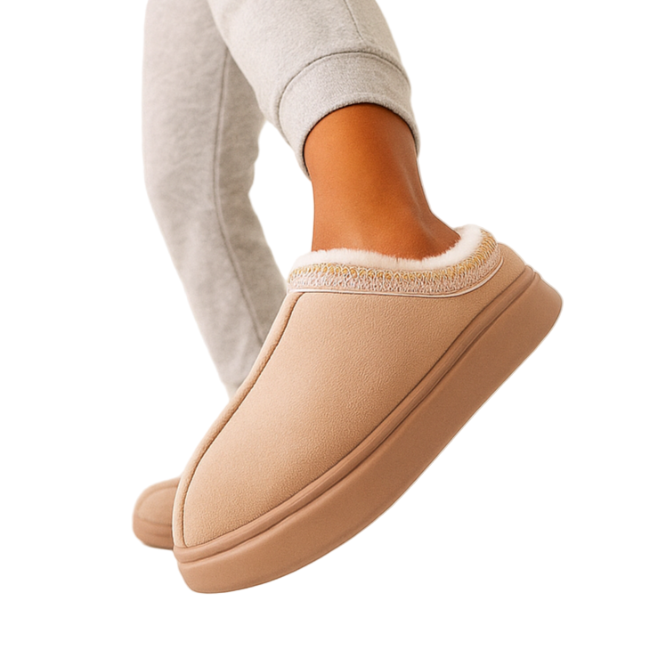 Warme Gevoerde Damesmuiltjes – Zachte Camel Pantoffels met Gebreide Details en Fleecevoering