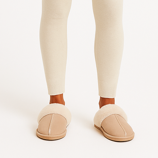 Dames Pantoffels met Bont – Gevoerde Muiltjes – Beige Huisschoenen met Open Hiel – Voor Thuis