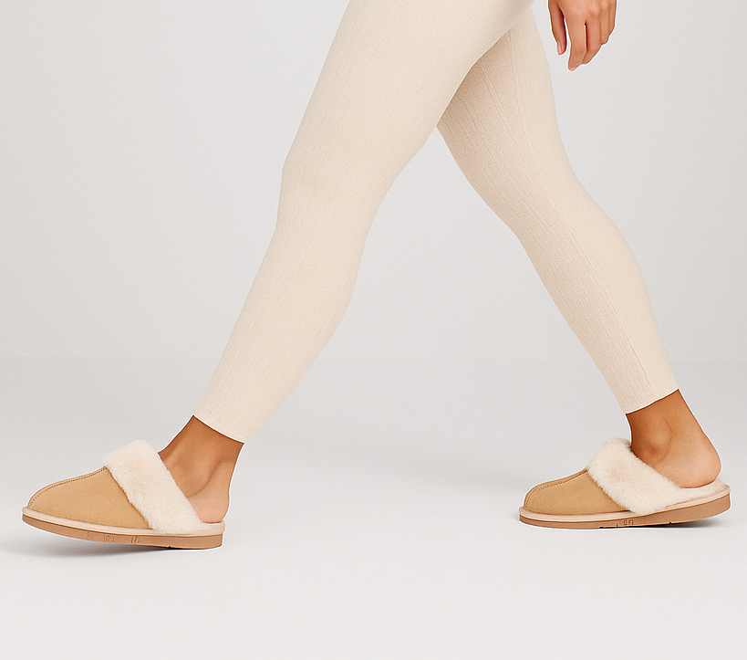 Dames Pantoffels met Bont – Gevoerde Muiltjes – Beige Huisschoenen met Open Hiel – Voor Thuis