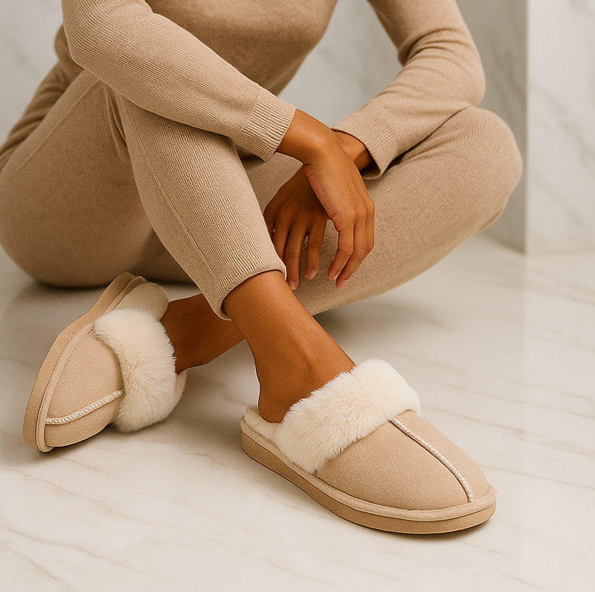 Dames Pantoffels met Bont – Gevoerde Muiltjes – Beige Huisschoenen met Open Hiel – Voor Thuis