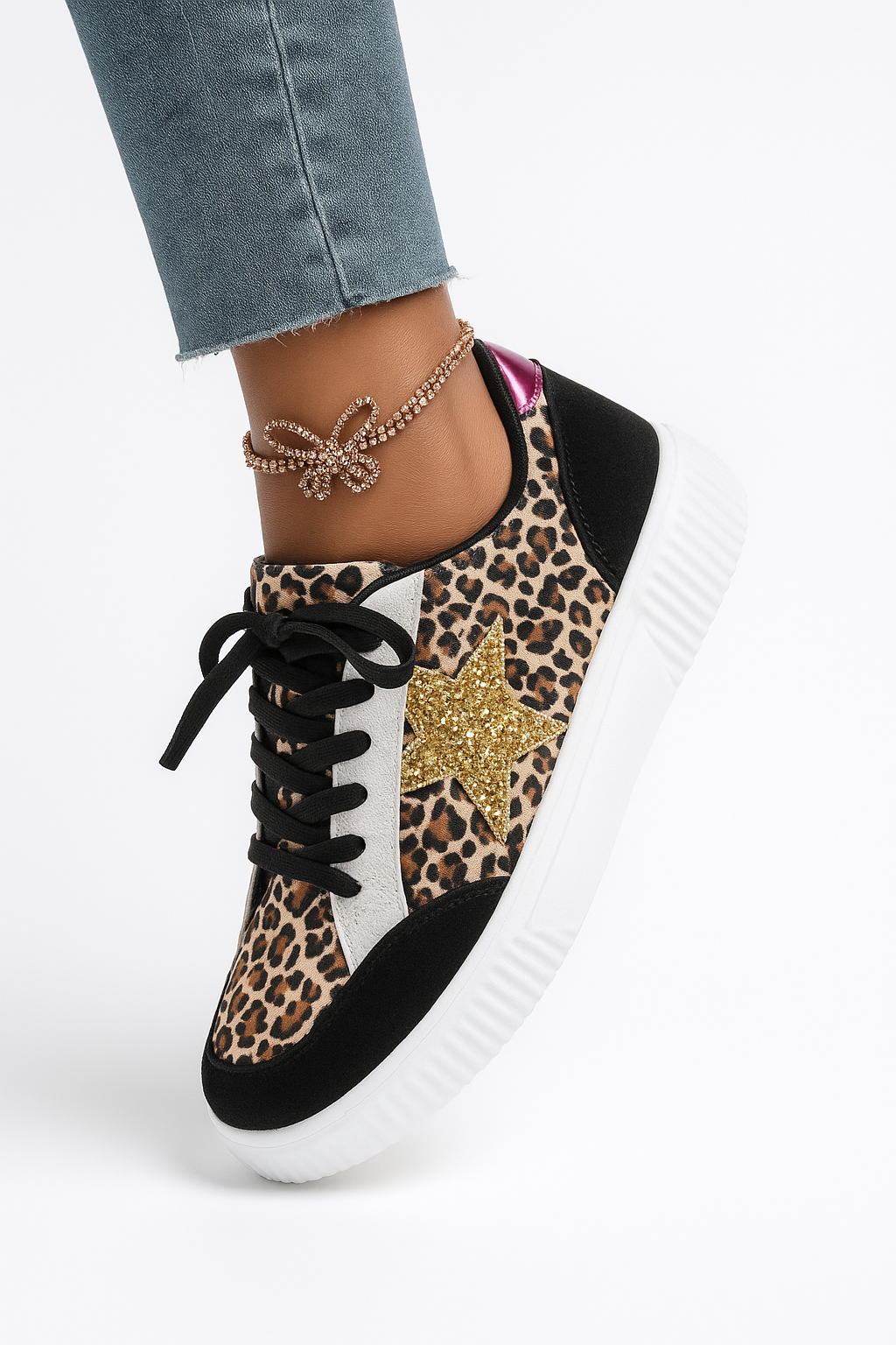 Dames Sneakers met Luipaardprint – Trendy Mode Sneakers met Glitters en Roze Accenten