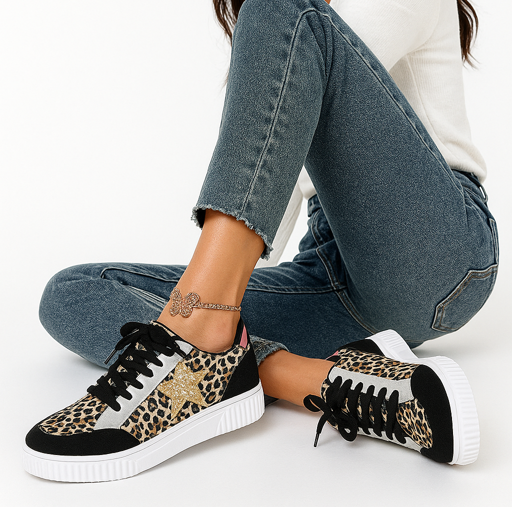 Dames Sneakers met Luipaardprint – Trendy Mode Sneakers met Glitters en Roze Accenten