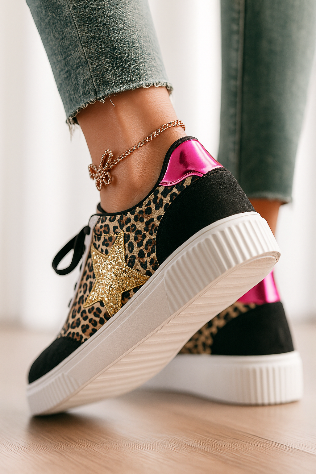 Dames Sneakers met Luipaardprint – Trendy Mode Sneakers met Glitters en Roze Accenten