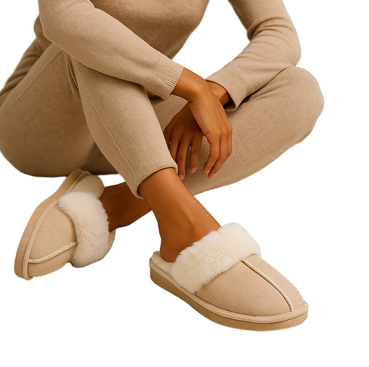 Person wearing beige slippers with white fur trim on a light wooden floor.