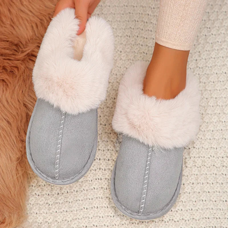Dames Pantoffels met Bont – Gevoerde Muiltjes – Beige Huisschoenen met Open Hiel – Voor Thuis