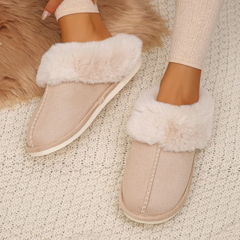 Dames Pantoffels met Bont – Gevoerde Muiltjes – Beige Huisschoenen met Open Hiel – Voor Thuis
