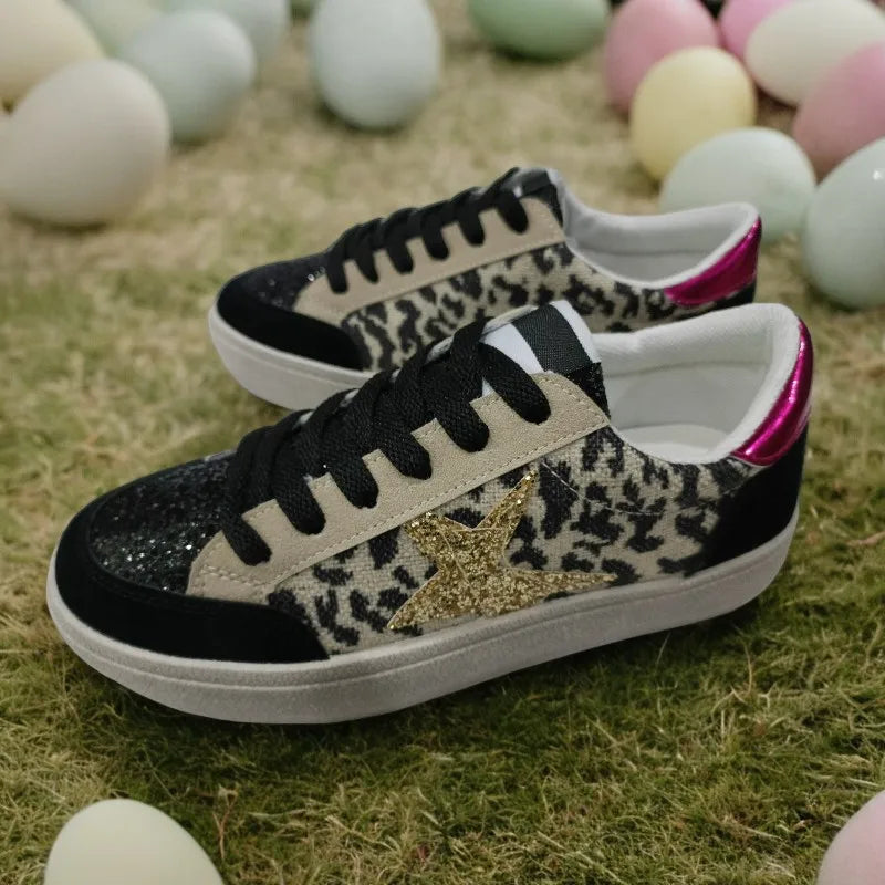 Dames Sneakers met Luipaardprint – Trendy Mode Sneakers met Glitters en Roze Accenten