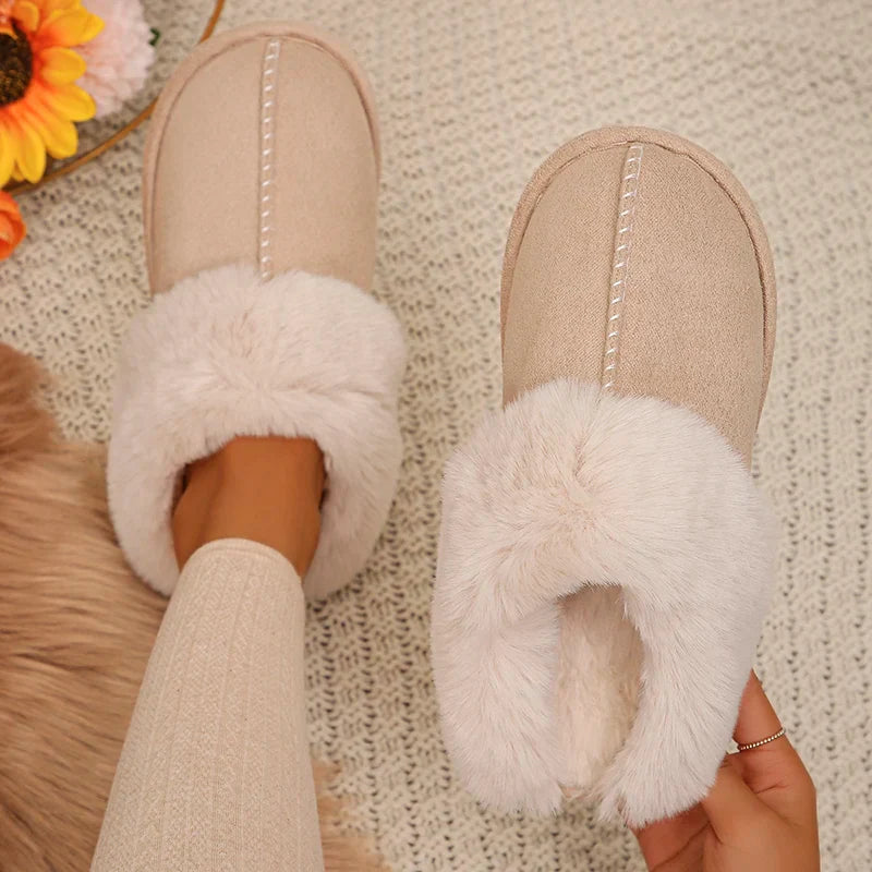 Dames Pantoffels met Bont – Gevoerde Muiltjes – Beige Huisschoenen met Open Hiel – Voor Thuis