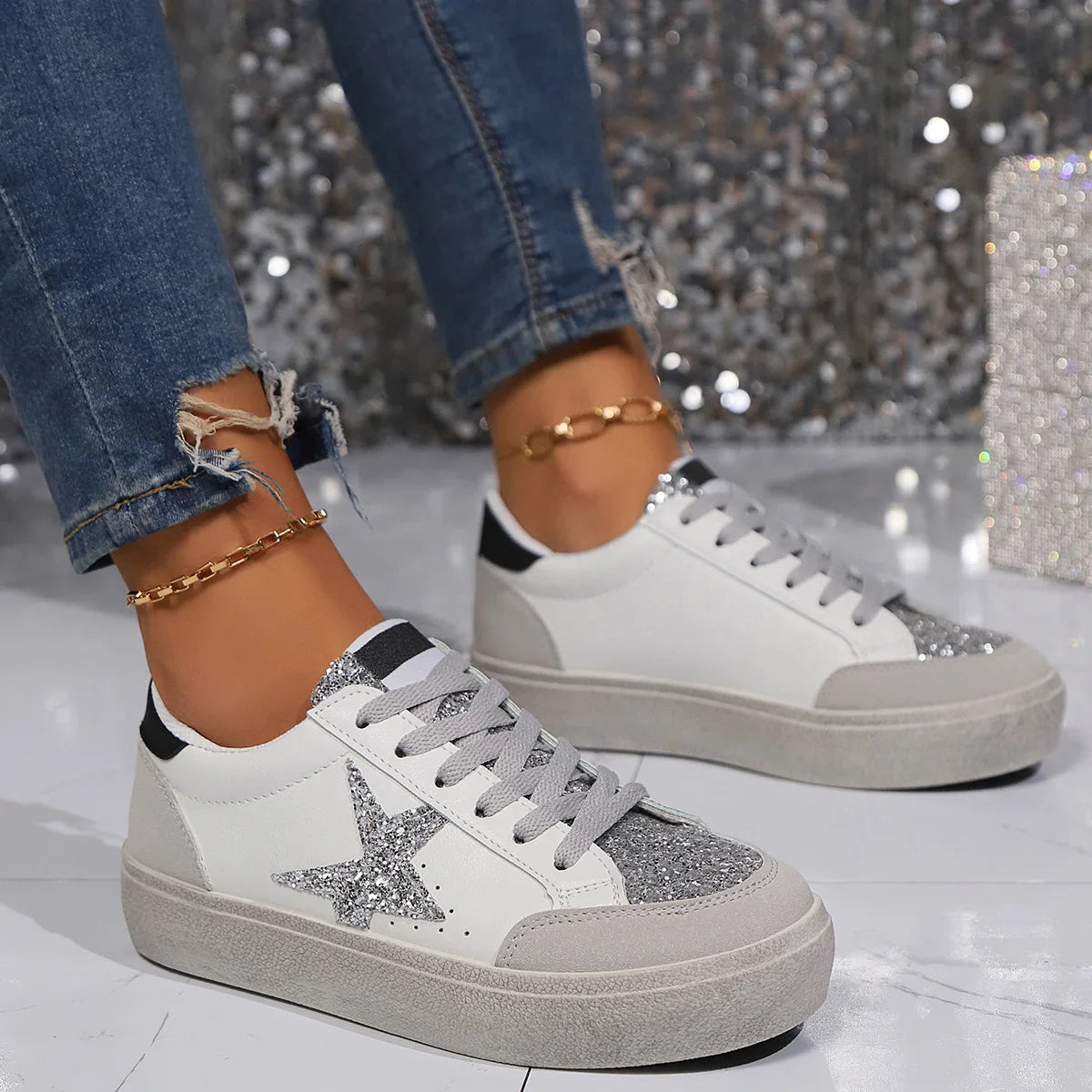 Dames Sneakers met Luipaardprint – Trendy Mode Sneakers met Glitters en Roze Accenten