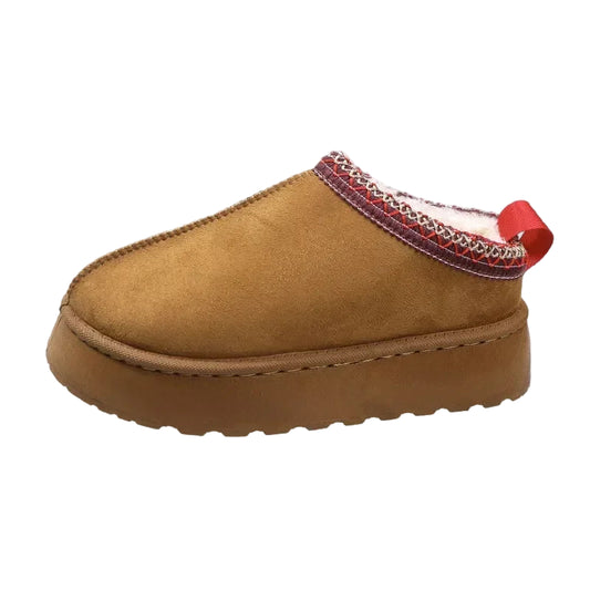 Warme Gevoerde Damesmuiltjes – Zachte Camel Pantoffels met Gebreide Details en Fleecevoering