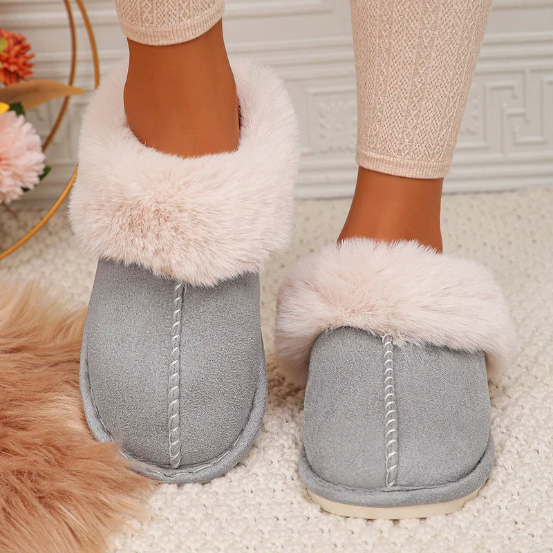 Dames Pantoffels met Bont – Gevoerde Muiltjes – Beige Huisschoenen met Open Hiel – Voor Thuis